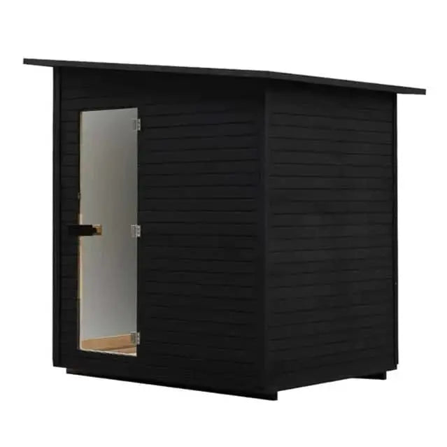 The Lunara Cabin Sauna - 4 person is a compact, modern black wooden outdoor sauna with a slanted roof and glass-panel door—ideal for creating your own home wellness retreat.
