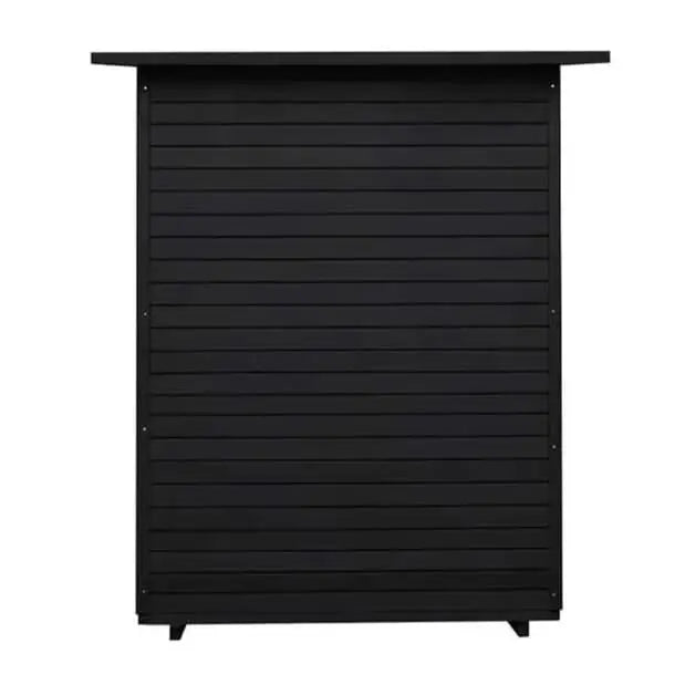 The Lunara Cabin Sauna - 4 person features a black, rectangular design with a slanted roof and horizontal paneling, crafted from premium solid wood and shown against a white background.