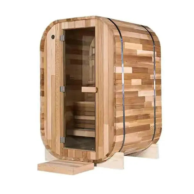 The Pod Sauna by Lunara is a compact, barrel-shaped outdoor sauna made from Canadian Cedar, featuring a glass door and sturdy wooden supports, displayed elegantly against a plain white background.