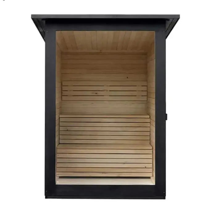 The Lunara Cabin Sauna - 4 person features a modern rectangular design with a black frame, large glass front, and light wood interior and benches—ideal for creating an outdoor wellness retreat.