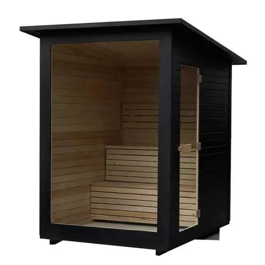 The Lunara Cabin Sauna - 4 person features a modern black frame, large glass front and door, light wood interior, and tiered benches—ideal for a private wellness retreat in your own backyard.