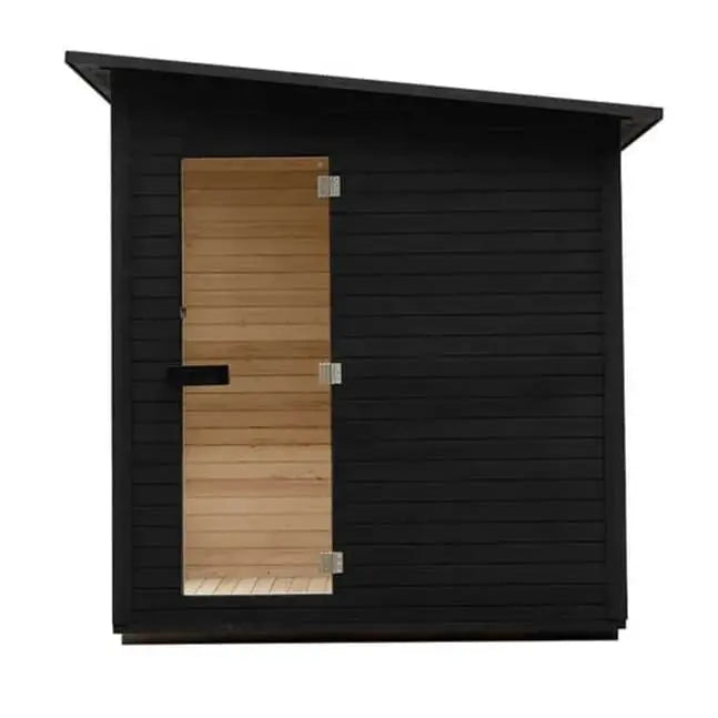 The Lunara Cabin Sauna - 4 person features a modern black wood exterior with horizontal paneling, a glass door revealing a light wood interior, all crafted from premium solid wood and displayed against a plain white background.
