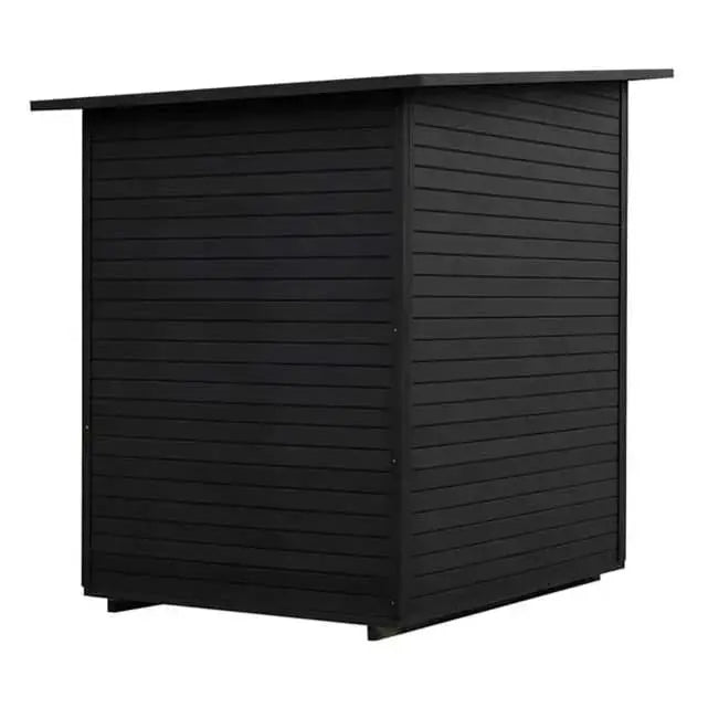 The Lunara Cabin Sauna - 4 person features a modern, compact black design with horizontal wooden slats and a flat, gently sloped roof. Crafted from premium solid wood, its sleek style is displayed against a white background.
