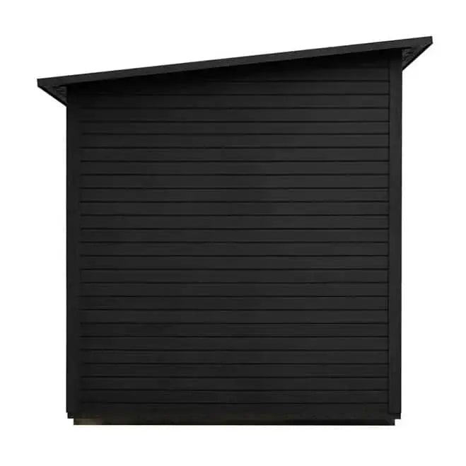 The Lunara Cabin Sauna - 4 person, featuring premium solid wood and horizontal siding with a single sloped roof in black, is shown from the side against a plain white background.