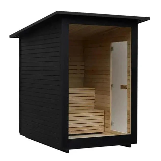 The Lunara Cabin Sauna - 4 person features a dark exterior, sloped roof, large glass front, and solid light wood interior with tiered benches—a stylish retreat after a Canada Cold Plunge.