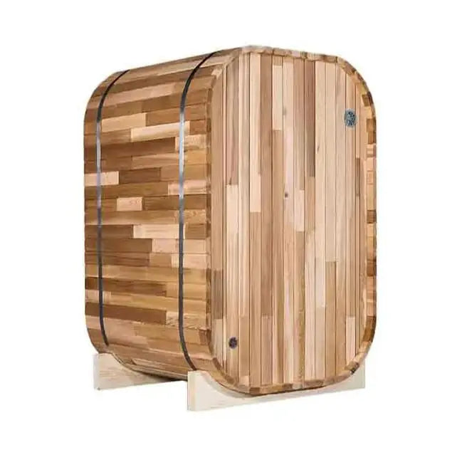 The Pod Sauna by Lunara is crafted from Canadian cedar with a rounded rectangular shape, vertical and horizontal panels, black metal bands, and two wooden supports, displayed against a white background.