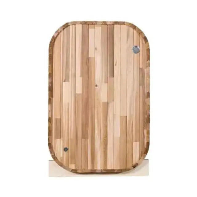 The Pod Sauna by Lunara is a wooden rectangular panel with rounded corners, crafted from Canadian Cedar in light and medium vertical stripes, featuring two small metal fixtures on the surface.